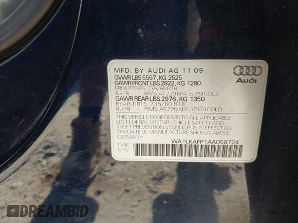 2010 Audi Q5 Premium Plus with VIN WA1LKAFP1AA058724, listed as a IAAI auction lot 42470650 with 161,516 mi miles and . Bid and sale history available at DreamBid. Image 9.