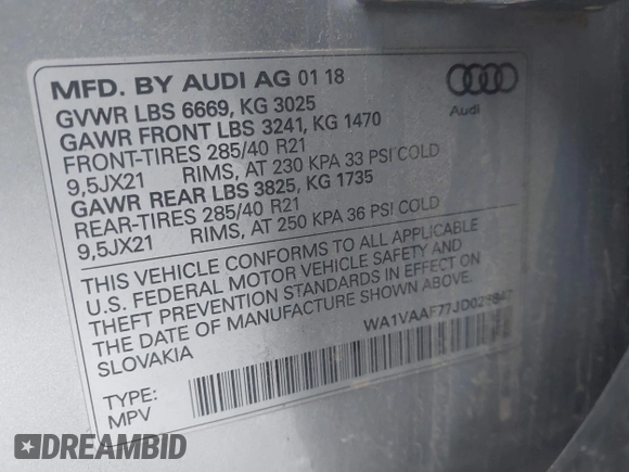 2018 Audi Q7 Prestige with VIN WA1VAAF77JD028847, listed as a IAAI auction lot 42294052 with 46,478 mi miles and . Bid and sale history available at DreamBid. Image 9.