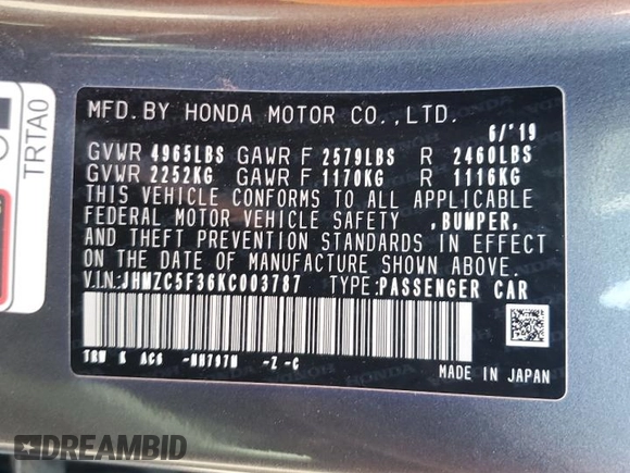 2019 Honda Clarity Plug-In Hybrid Touring with VIN JHMZC5F36KC003787, listed as a Copart auction lot 78816514 with 96,337 mi miles and Salvage Title. Bid and sale history available at carsss.com. Image 13.