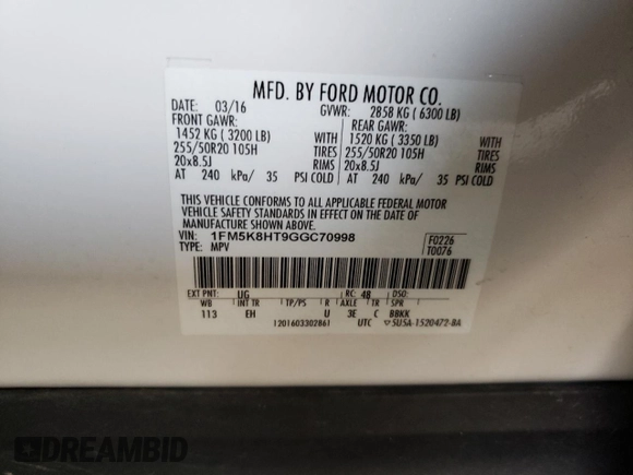 2016 Ford Explorer Platinum with VIN 1FM5K8HT9GGC70998, listed as a Copart auction lot 60282655 with 155,266 mi miles and Clean title. Bid and sale history available at DreamBid. Image 13.