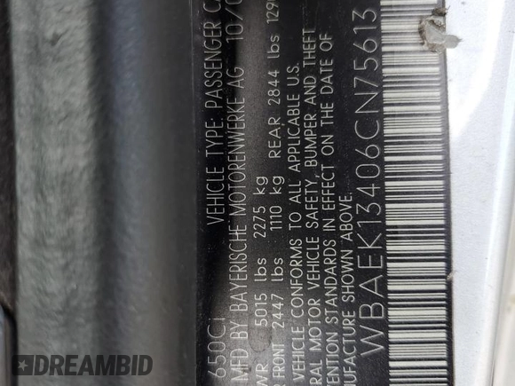 2006 BMW 6 Series 650Ci z VIN WBAEK13406CN75613, wystawiony jako Copart lot #56288515 z przebiegiem 191 640 mil mil oraz Szkoda całkowita • Salvage title. Historia ofert i sprzedaży dostępna na DreamBid. Obrazek 13.