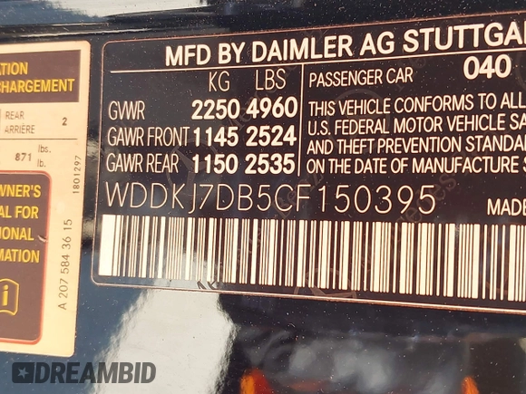 2012 Mercedes-Benz E 550 with VIN WDDKJ7DB5CF150395, listed as a IAAI auction lot 42673196 with 125,247 mi miles and . Bid and sale history available at DreamBid. Image 9.