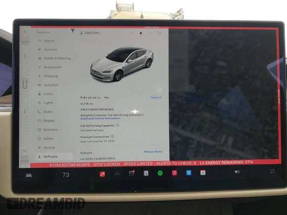2021 Tesla Model S Long Range with VIN 5YJSA1E57MF453815, listed as a IAAI auction lot 41818700 with 51,176 mi miles and . Bid and sale history available at DreamBid. Image 18.