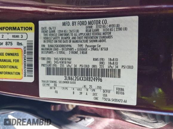 2013 Lincoln MKZ z VIN 3LN6L2GKXDR824996, wystawiony jako IAAI lot #42574204 z przebiegiem 81 370 mil mil oraz . Historia ofert i sprzedaży dostępna na DreamBid. Obrazek 9.