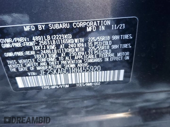 2024 Subaru Forester Sport with VIN JF2SKAGC1RH455920, listed as a Copart auction lot 87082804 with 0 mi miles and Salvage Title. Bid and sale history available at carsss.com. Image 13.