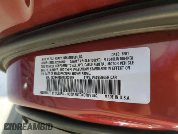 2002 Subaru Legacy L with VIN 4S3BH635027303575, listed as a Copart auction lot 79429344 with 200,770 mi miles and Salvage title. Bid and sale history available at DreamBid. Image 13.