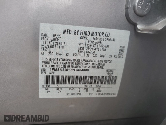 2023 Ford Explorer with VIN 1FMSK8BH9PGA84806, listed as a Copart auction lot 54875205 with 61,776 mi miles and Salvage title. Bid and sale history available at DreamBid. Image 13.