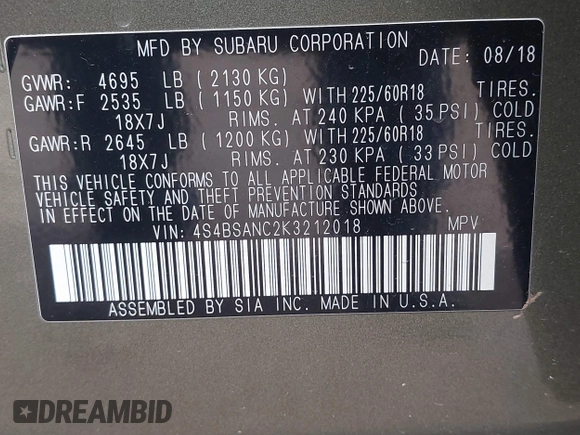 2019 Subaru Outback Limited with VIN 4S4BSANC2K3212018, listed as a IAAI auction lot 41790151 with 92,129 mi miles and . Bid and sale history available at DreamBid. Image 9.