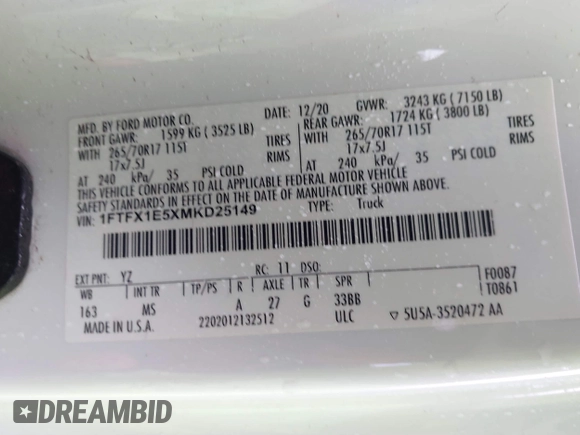 2021 Ford F-150 XL с VIN 1FTFX1E5XMKD25149, выставлен на аукционе IAAI как лот 41524584 с пробегом 105 883 миль миль и . История ставок и продаж доступна на DreamBid. Изображение 9.