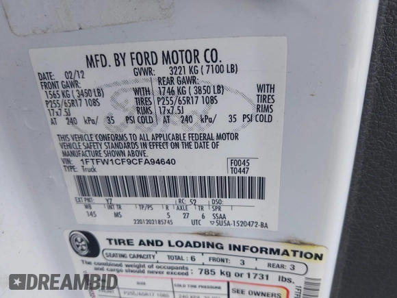 2012 Ford F-150 XL with VIN 1FTFW1CF9CFA94640, listed as a IAAI auction lot 41703729 with 216,291 mi miles. Bid and sale history available at carsss.com. Image 9.