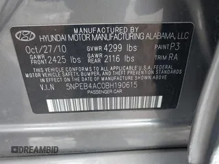 2011 Hyundai Sonata GLS with VIN 5NPEB4AC0BH190615, listed as a IAAI auction lot 41974778 with 197,082 mi miles and . Bid and sale history available at carsss.com. Image 9.