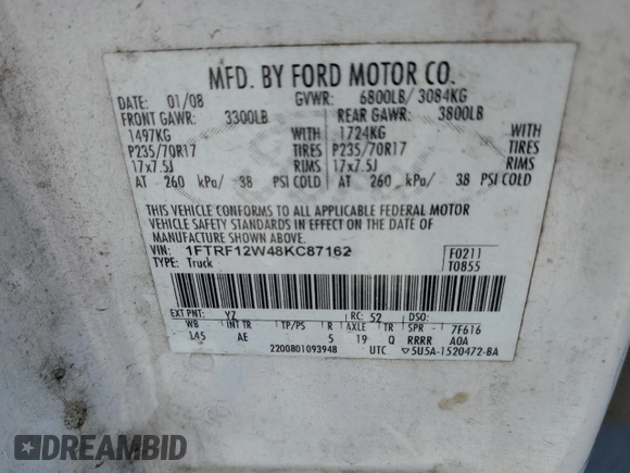 2008 Ford F-150 XL with VIN 1FTRF12W48KC87162, listed as a Copart auction lot 63225535 with 234,055 mi miles and Clean title. Bid and sale history available at DreamBid. Image 12.