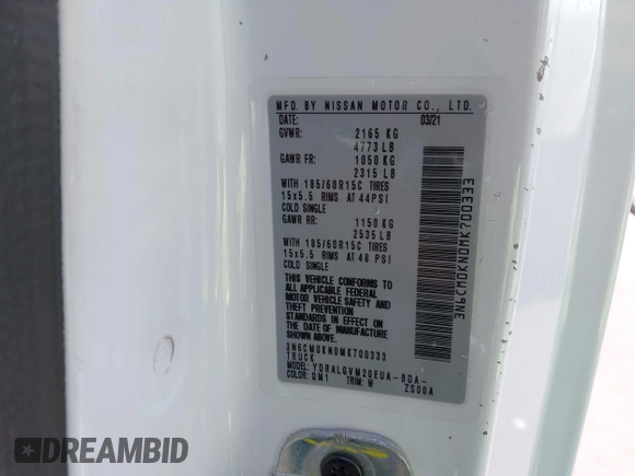 2021 Nissan NV200 SV with VIN 3N6CM0KN0MK700333, listed as a IAAI auction lot 42570470 with 66,845 mi miles and . Bid and sale history available at DreamBid. Image 9.
