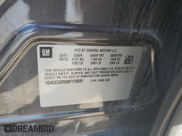2013 Buick LaCrosse Leather with VIN 1G4GC5GR9DF176681, listed as a Copart auction lot 53617395 with 171,269 mi miles and Salvage title. Bid and sale history available at DreamBid. Image 12.