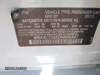 2013 BMW 3 Series 328i with VIN WBA3C1G55DNR49447, listed as a IAAI auction lot 41296098 with 126,605 mi miles and . Bid and sale history available at DreamBid. Image 9.