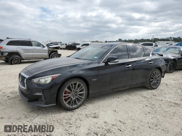 2019 Infiniti Q50 Red Sport 400 with VIN JN1FV7APXKM760676, listed as a Copart auction lot 53042805 with 112,374 mi miles and Salvage title. Bid and sale history available at DreamBid. Image 1.
