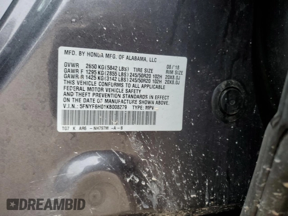 2019 Honda Pilot Elite with VIN 5FNYF6H01KB008279, listed as a Copart auction lot 60553065 with 132,711 mi miles and Salvage title. Bid and sale history available at DreamBid. Image 13.