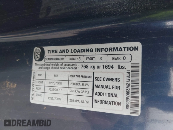 2009 Ford F-150 XL with VIN 1FTRF12W29KA68508, listed as a IAAI auction lot 41662633 with 105,652 mi miles and . Bid and sale history available at DreamBid. Image 9.