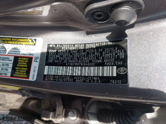 2017 Toyota Camry XLE with VIN 4T1BF1FK7HU640132, listed as a IAAI auction lot 41734080 with 59,359 mi miles. Bid and sale history available at carsss.com. Image 9.