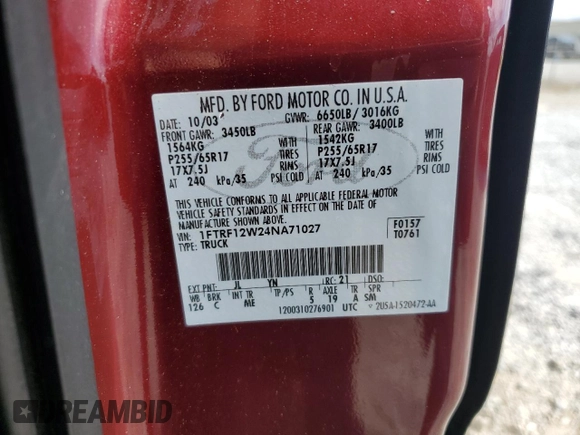 2004 Ford F-150 XL z VIN 1FTRF12W24NA71027, wystawiony jako Copart lot #53618145 z przebiegiem 175 944 mil mil oraz Szkody całkowita. Historia ofert i sprzedaży dostępna na DreamBid. Obrazek 12.