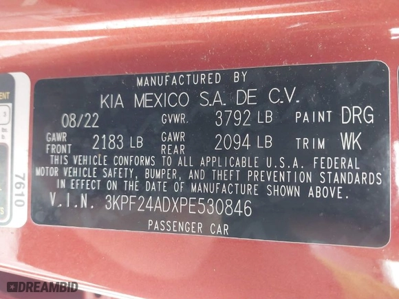 2023 Kia Forte LXS with VIN 3KPF24ADXPE530846, listed as a IAAI auction lot 41667313 with 20,848 mi miles. Bid and sale history available at carsss.com. Image 9.