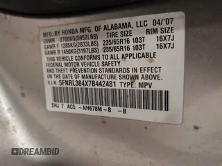 2007 Honda Odyssey EX с VIN 5FNRL384X7B442481, выставлен на аукционе IAAI как лот 41956493 с пробегом 221 997 миль миль и . История ставок и продаж доступна на DreamBid. Изображение 9.