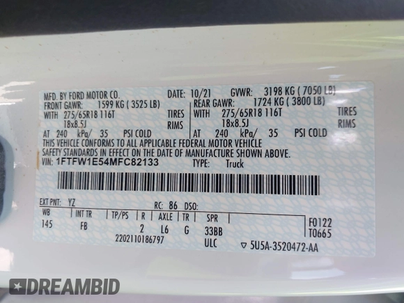2021 Ford F-150 XL with VIN 1FTFW1E54MFC82133, listed as a IAAI auction lot 42170024 with 24,548 mi miles and . Bid and sale history available at DreamBid. Image 9.