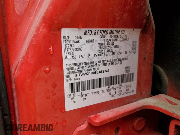 2008 Ford F-350 XL with VIN 1FTWW31R08EA89347, listed as a Copart auction lot 53698825 with 148,489 mi miles and Salvage title. Bid and sale history available at DreamBid. Image 12.