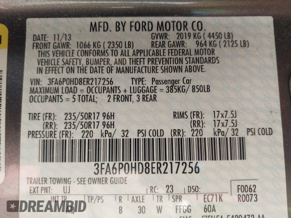 2014 Ford Fusion SE with VIN 3FA6P0HD8ER217256, listed as a IAAI auction lot 41991177 with 77,612 mi miles and . Bid and sale history available at DreamBid. Image 9.