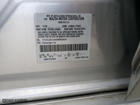 2010 Mazda Mazda6 i Touring Plus with VIN 1YVHZ8CH6A5M28081, listed as a Copart auction lot 53336375 with 132,993 mi miles and Salvage Title. Bid and sale history available at carsss.com. Image 12.