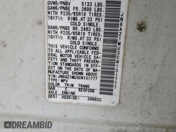 2012 Nissan Murano S with VIN JN8AZ1MU3CW101777, listed as a Copart auction lot 60360175 with Not provided miles and Clean title. Bid and sale history available at DreamBid. Image 13.