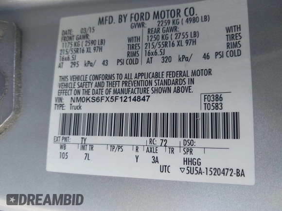 2015 Ford Transit Connect with VIN NM0KS6FX5F1214847, listed as a IAAI auction lot 41125254 with 86,572 mi miles and . Bid and sale history available at DreamBid. Image 9.