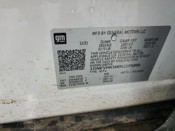 2022 Chevrolet Traverse LT Leather with VIN 1GNEVHKW6NJ105898, listed as a Copart auction lot 50015715 with 93,269 mi miles and Salvage Title. Bid and sale history available at carsss.com. Image 13.