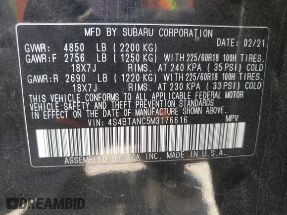 2021 Subaru Outback Limited with VIN 4S4BTANC5M3176616, listed as a Copart auction lot 58748475 with 70,612 mi miles and Salvage title. Bid and sale history available at DreamBid. Image 13.