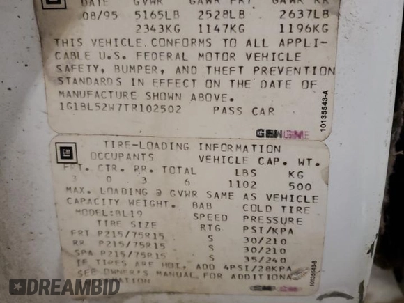1996 Chevrolet Caprice 1SA Special Value с VIN 1G1BL52W7TR102502, выставлен на аукционе Copart как лот 53508415 с пробегом Не указан миль и Чистый • Clean title. История ставок и продаж доступна на DreamBid. Изображение 12.