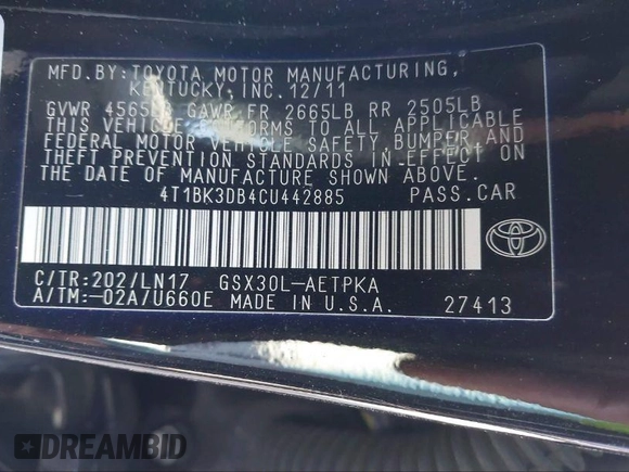 2012 Toyota Avalon with VIN 4T1BK3DB4CU442885, listed as a IAAI auction lot 40713053 with 144,383 mi miles and . Bid and sale history available at DreamBid. Image 9.