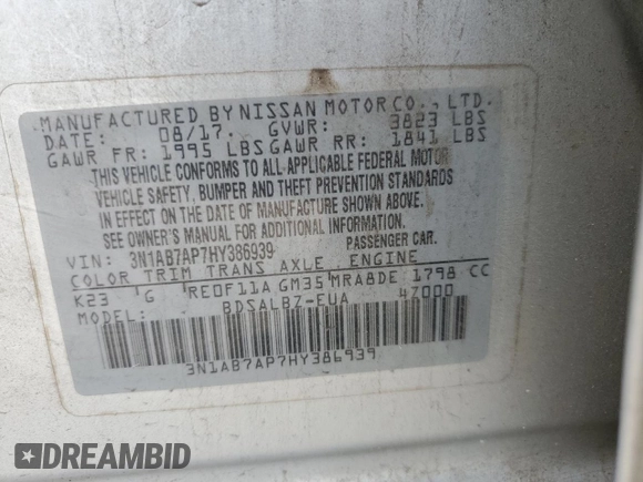 2017 Nissan Sentra SV z VIN 3N1AB7AP7HY386939, wystawiony jako Copart lot #58464325 z przebiegiem 165 170 mil mil oraz Szkoda całkowita • Salvage title. Historia ofert i sprzedaży dostępna na DreamBid. Obrazek 12.