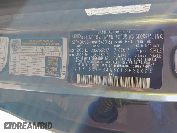 2020 Kia Sorento LX V6 with VIN 5XYPG4A56LG638084, listed as a IAAI auction lot 41474602 with 89,244 mi miles. Bid and sale history available at carsss.com. Image 9.