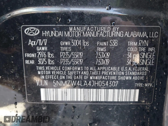 2018 Hyundai Santa Fe Ultimate with VIN 5NMZW4LA4JH054307, listed as a IAAI auction lot 42532426 with 148,299 mi miles and . Bid and sale history available at DreamBid. Image 9.