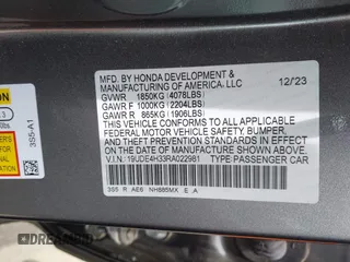 2024 Acura Integra w/A-Spec Package with VIN 19UDE4H33RA022981, listed as a IAAI auction lot 42344974 with 15,838 mi miles and . Bid and sale history available at DreamBid. Image 9.