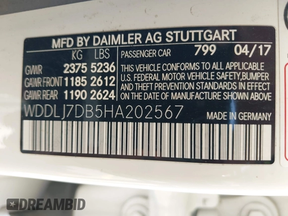 2017 Mercedes-Benz CLS 550 with VIN WDDLJ7DB5HA202567, listed as a IAAI auction lot 42130166 with 82,224 mi miles and . Bid and sale history available at DreamBid. Image 9.