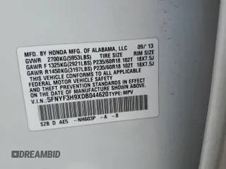2013 Honda Pilot Touring z VIN 5FNYF3H9XDB044620, wystawiony jako Copart lot #58038505 z przebiegiem 172 096 mil mil oraz Szkoda całkowita • Salvage title. Historia ofert i sprzedaży dostępna na DreamBid. Obrazek 13.