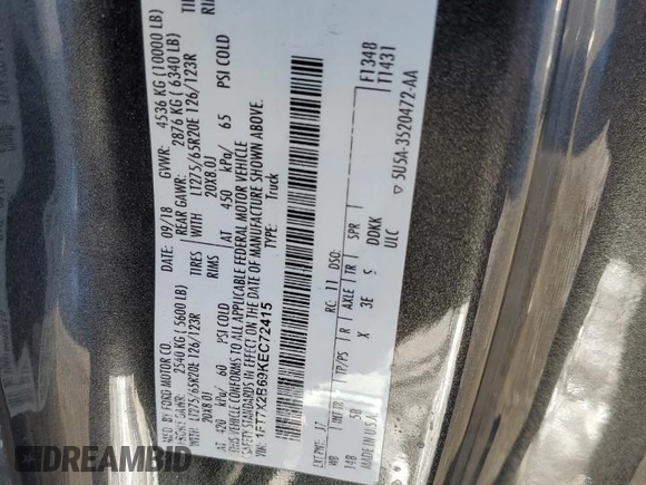 2019 Ford F-250 XL with VIN 1FT7X2B69KEC72415, listed as a Copart auction lot 46699175 with 103,036 mi miles and Salvage Title. Bid and sale history available at DreamBid. Image 12.