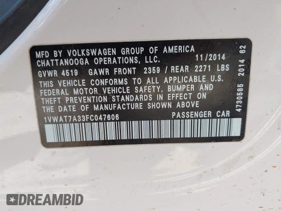 2015 Volkswagen Passat Wolfsburg Edition with VIN 1VWAT7A33FC047606, listed as a IAAI auction lot 42034665 with 165,233 mi miles and . Bid and sale history available at DreamBid. Image 9.