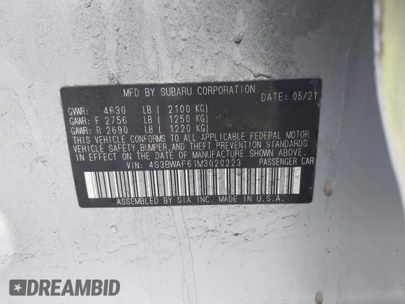 2021 Subaru Legacy Premium z VIN 4S3BWAF61M3020223, wystawiony jako IAAI lot #42296120 z przebiegiem 87 932 mil mil oraz . Historia ofert i sprzedaży dostępna na DreamBid. Obrazek 9.