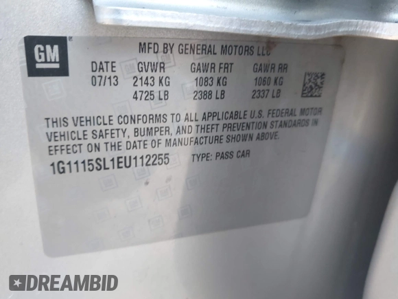 2014 Chevrolet Impala LT with VIN 1G1115SL1EU112255, listed as a IAAI auction lot 41753176 with 69,583 mi miles and . Bid and sale history available at DreamBid. Image 9.