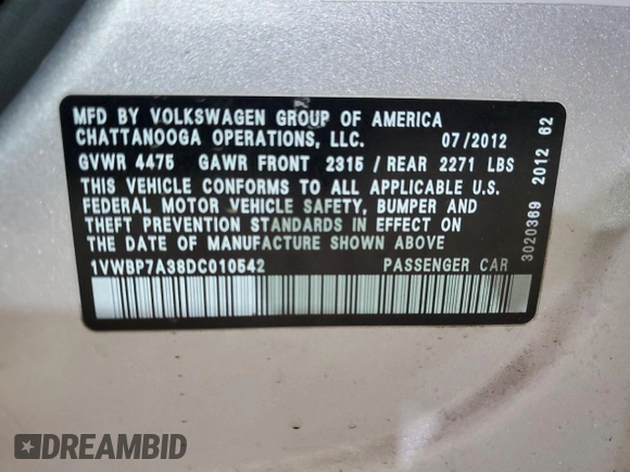 2013 Volkswagen Passat SE w/Sunroof with VIN 1VWBP7A38DC010542, listed as a Copart auction lot 46827375 with 82,160 mi miles and Salvage Title. Bid and sale history available at carsss.com. Image 12.