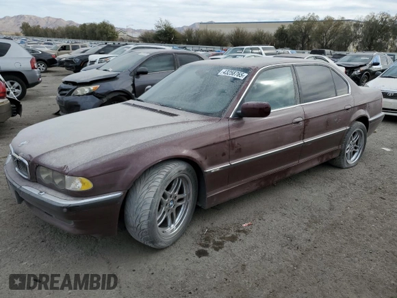 2001 BMW 7 Series 740iL with VIN WBAGH83411DP18779, listed as a Copart auction lot 43258765 with 110,214 mi miles and Salvage Title. Bid and sale history available at carsss.com. Image 1.