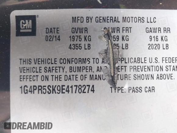 2014 Buick Verano Convenience Group with VIN 1G4PR5SK9E4178274, listed as a IAAI auction lot 41934325 with 148,864 mi miles. Bid and sale history available at carsss.com. Image 9.