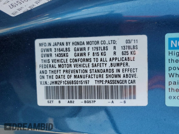 2011 Honda CR-Z EX z VIN JHMZF1C66BS015197, wystawiony jako Copart lot #49286855 z przebiegiem 107 718 mil mil oraz Szkoda całkowita • Salvage title. Historia ofert i sprzedaży dostępna na DreamBid. Obrazek 13.